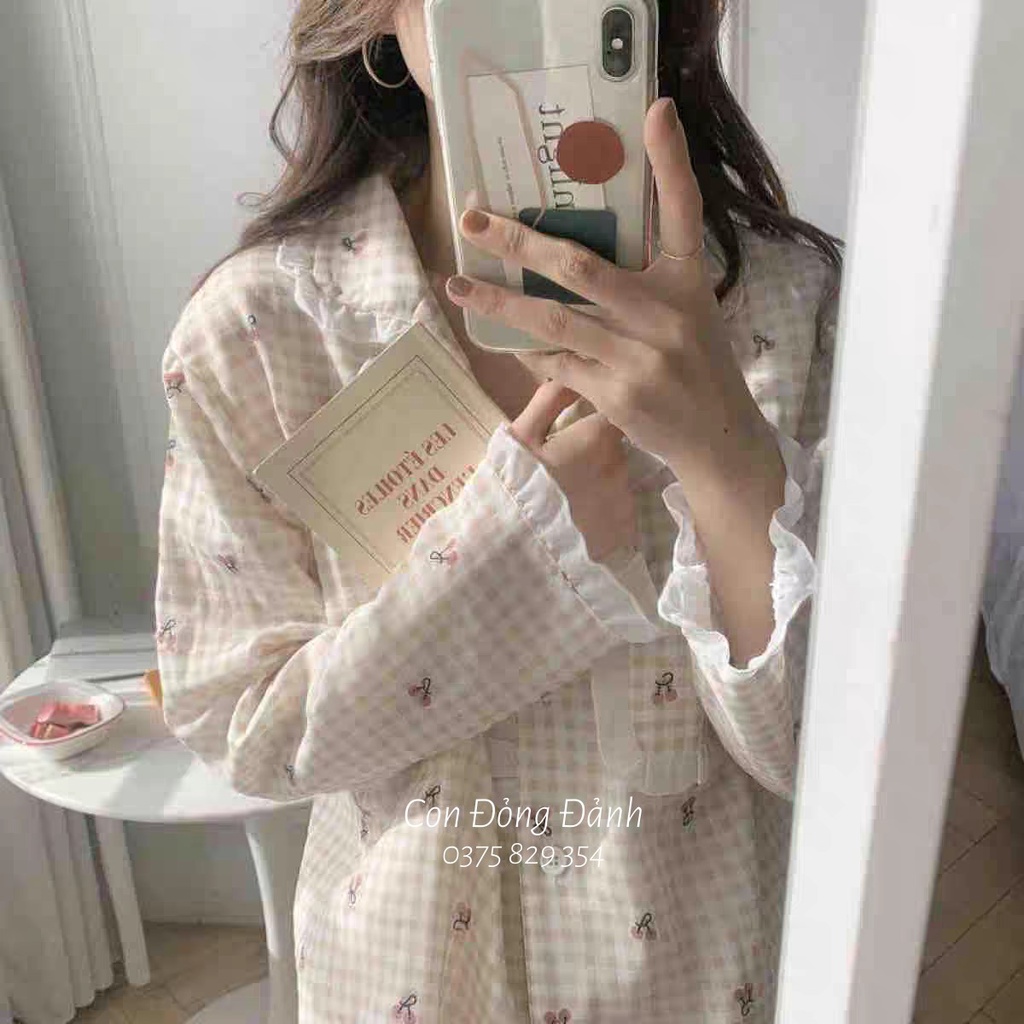 [Có sẵn] Đồ ngủ pijama kẻ caro bèo nhún dài tay chất thun mềm con đỏng đảnh DN003 chất thun mềm | BigBuy360 - bigbuy360.vn