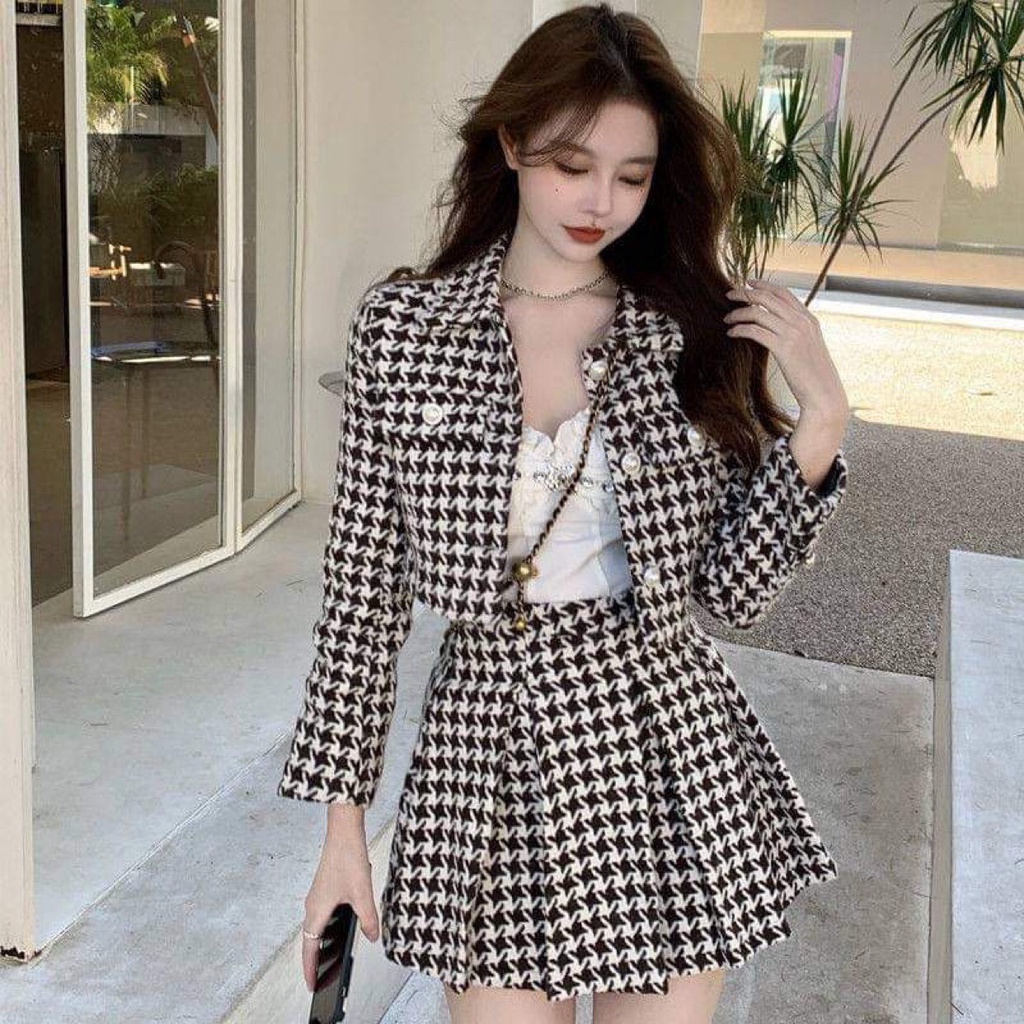 Set bộ đồ nữ dạ tweed kẻ caro đen trắng cá tính, set váy dạ ulzzang phong cách Hàn Quốc