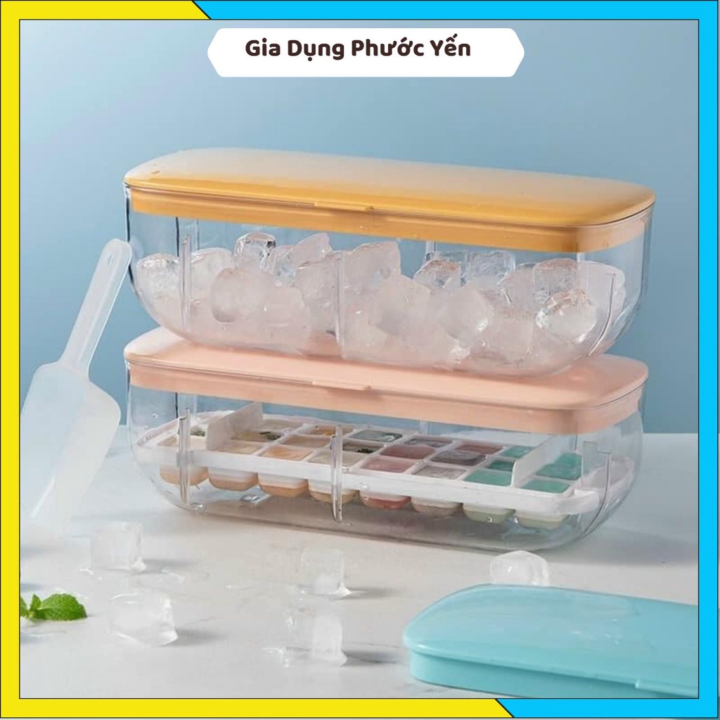 Hộp khay làm đá 2 tầng sililicon có nắp đậy tiện lợi - ấn là lấy được đá