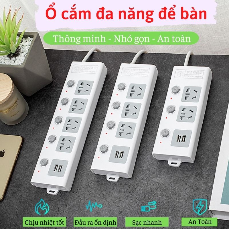 Ổ cắm điện đa năng thông minh 2 cổng USB 5v sạc nhanh, chịu tải 2500w an toàn cao dây dài 2,5m The Kitchen House