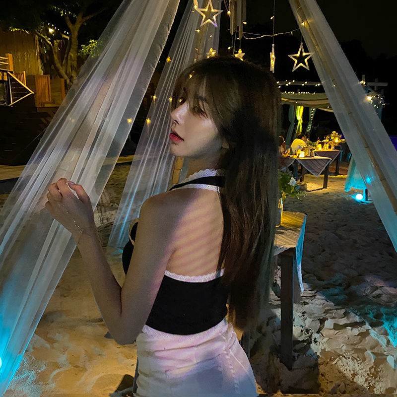 Thời trang cổ điển phong cách retro treo địu tính khí lưng dây, cao mỏng thắt áo ngắn cúc váy mùa hè của phụ nữ