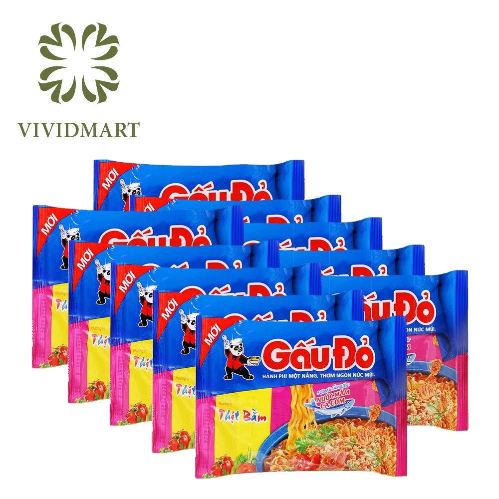 10gói- MÌ GẤU ĐỎ 8 VỊ: GÀ SỢI PHỞ, TÔM VÀ GÀ, BÒ BÍT TẾT, THỊT BẰM, TÔM CHUA CAY, SỢI PHỞ HÀNH PHI, CHAY –GÓI63G– GẤU ĐỎ