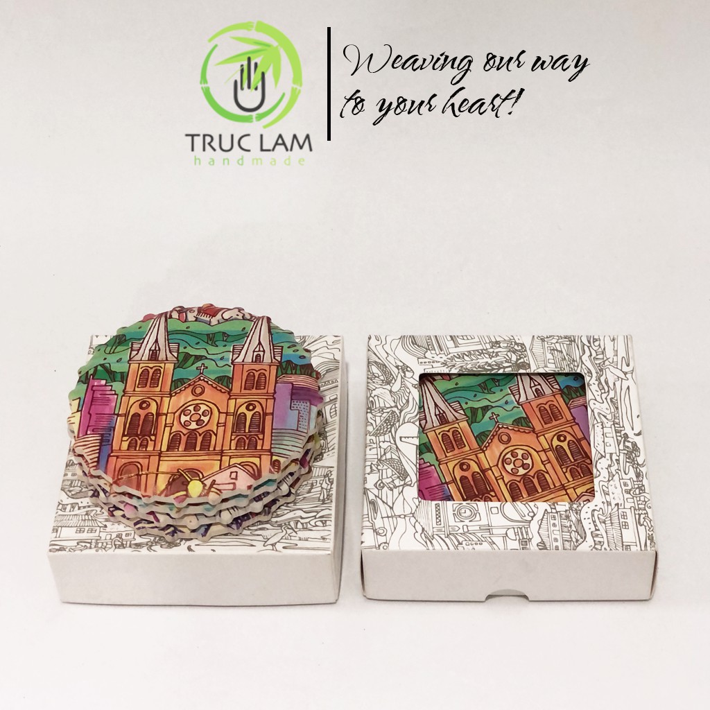 Bộ Lót Cốc Gốm Men Mờ 4 Chiếc Hình Nắp Bia Siêu Thấm Nước Có Đế Gỗ Chống Trơn Trượt - Trúc Lâm Handmade