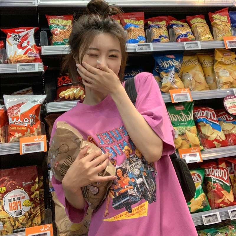 SUXI Áo Thun Tay Ngắn Cổ Tròn Form Rộng In Họa Tiết Hoạt Hình Thời Trang Mùa Hè Cho Nữ