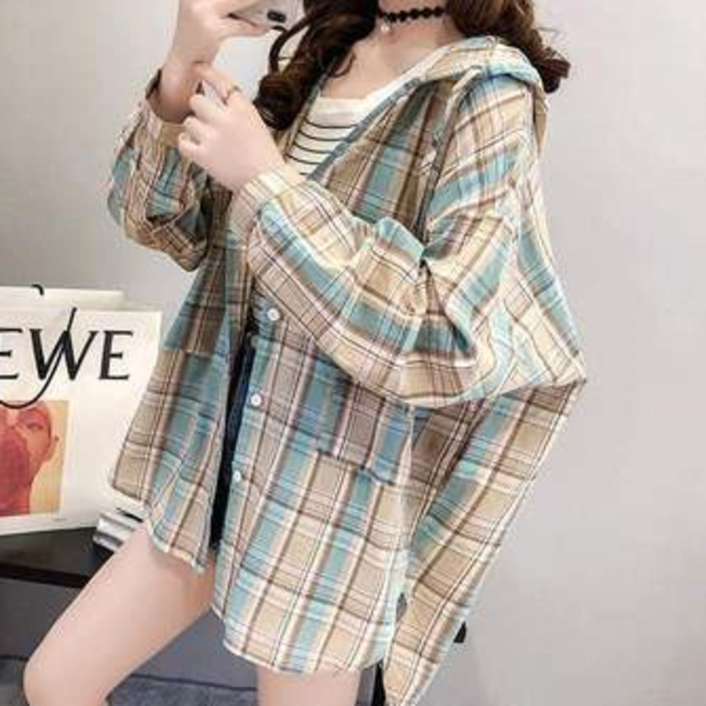 Áo Khoác Sơ Mi Tay Dài Có Nón Phong Cách Harajuku Hợp Thời Trang Cho Nữ