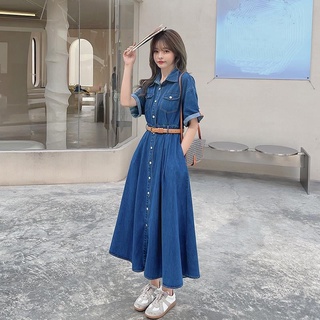 Váy bò dáng maxi cổ sơ mi kiểu dáng chữ A thanh lịch màu xanh đậm và nhạt kèm thắt lưng QCCC