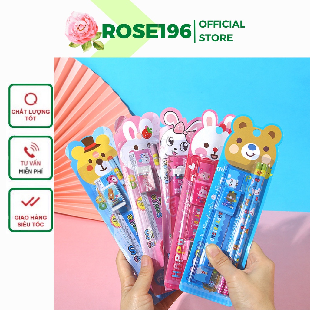 Bộ dụng cụ học tập 5 món giá rẻ dễ thương cute đồ dùng học sinh đẹp cho bé  ROSE196 (D01)