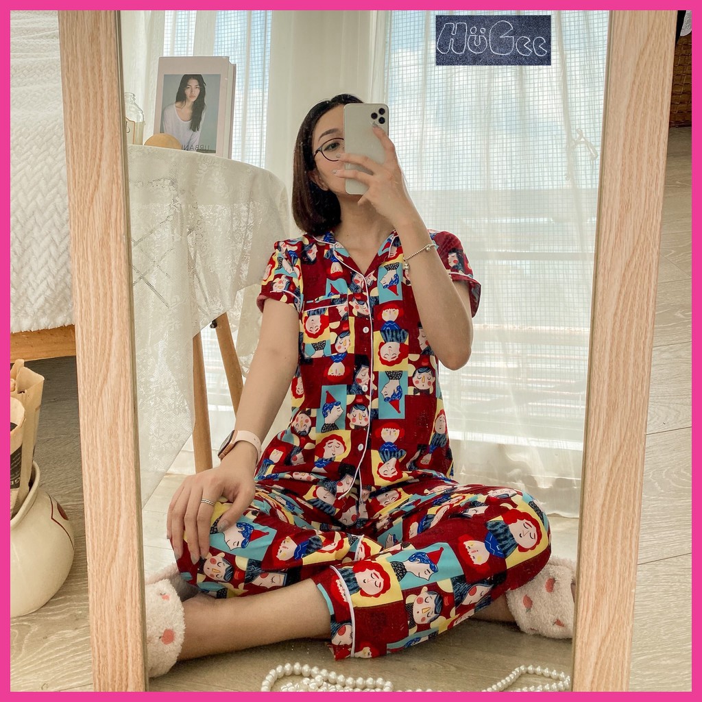 [FREESIZE] Đồ Bộ Quần Áo Ngủ Nữ Mặc Nhà Cộc Tay Pijama HUGEE Chất Vải Kate Thái Loại 1 Màu Đỏ Đô Họa Tiết Cô Gái A0311