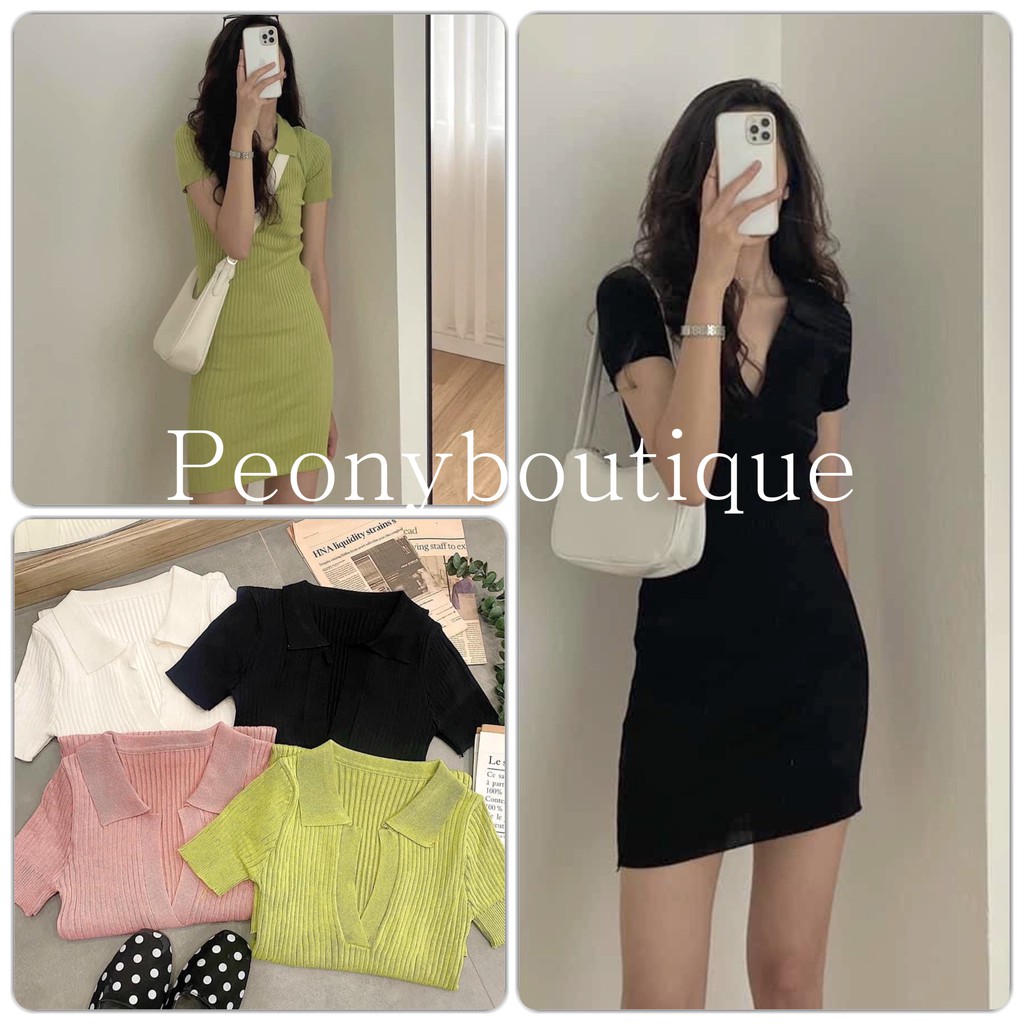 Váy Thun Tăm Polo PEONYB Nữ [FREESHIP]  Đầm tay lỡ cổ V dáng ôm body dự tiệc bánh bèo tiểu thư Ulzzang