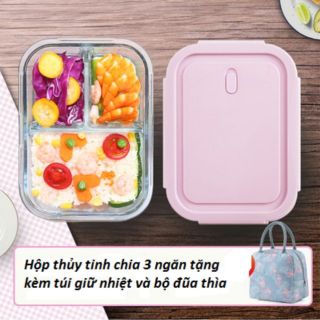 Hộp thủy tinh chia ngăn tặng túi giữ nhiệt và bộ đũa thìa ms162_ hộp cơm văn phòng.