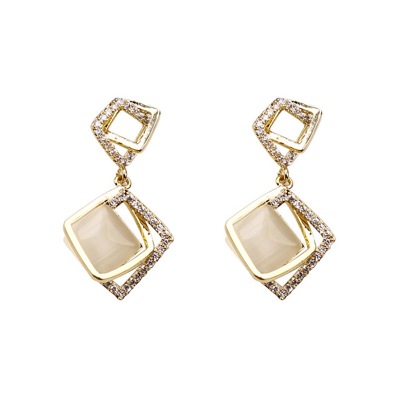 Bông Tai Đính Đá Opal Hình Học Đơn Giản Phong Cách Hàn Quốc