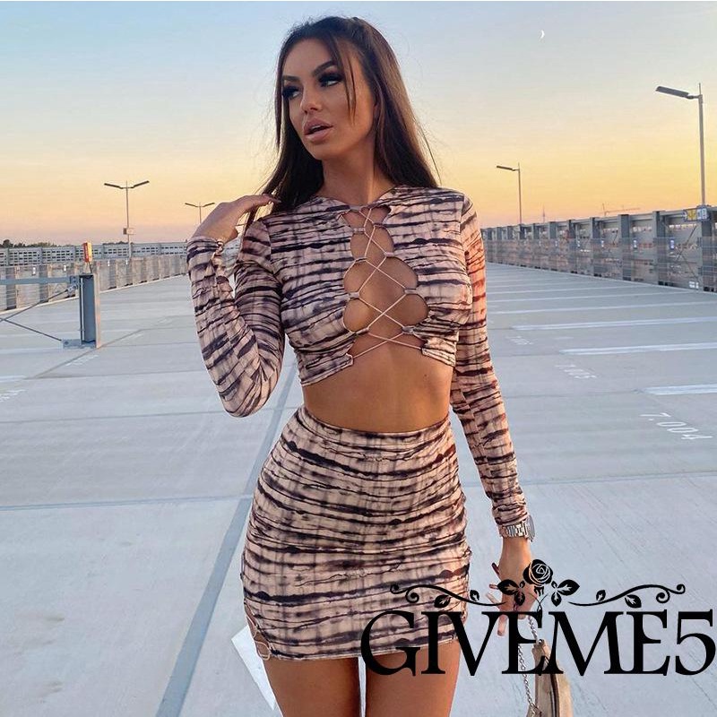 Set áo croptop dài tay và chân váy bút chì họa tiết nhuộm màu thời trang dành cho nữ