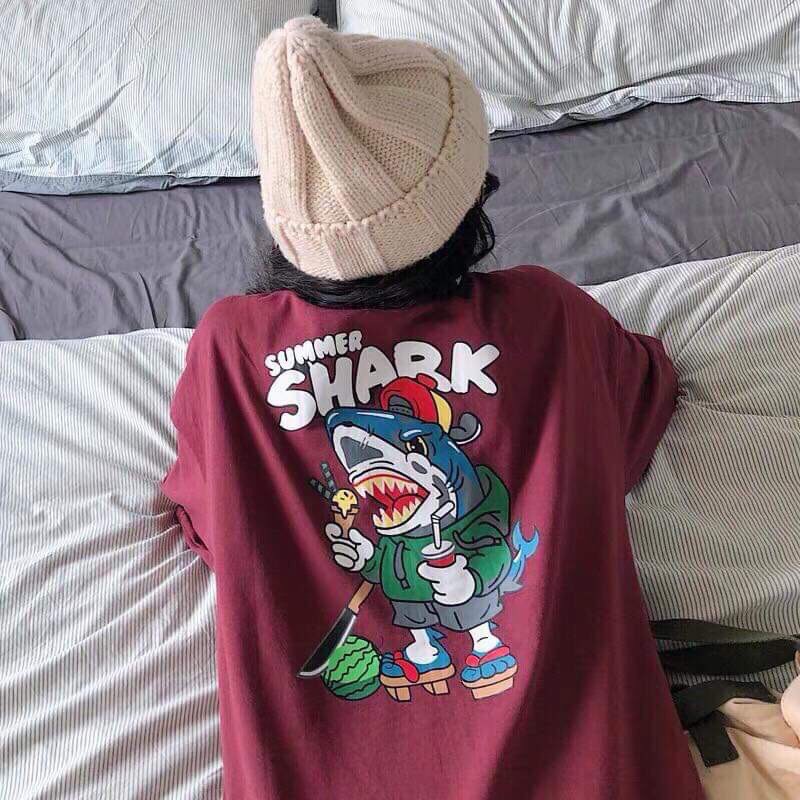 Áo Thun Unisex ❤️ ❤️ Áo Thun Tay Lỡ SHARK Màu Đỏ Tím - Tặng 1 Gương Mini - Ảnh Thật