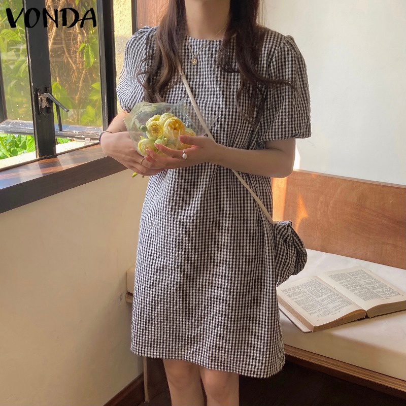Đầm VONDA tay phồng ngắn cổ tròn kẻ sọc caro phong cách Hàn Quốc thời trang hè cho nữ