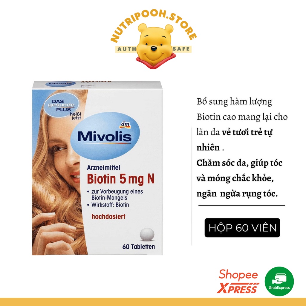 Viên uống đẹp da và móng, kích thích mọc tóc Biotin Mivolis 5 mg N