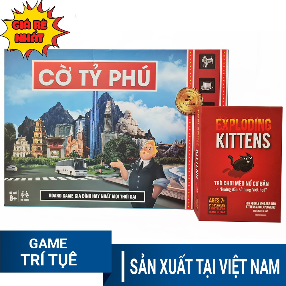 [COMBO 2 IN 1] Board game hay nhất, dễ chơi Cờ tủ phú Monopoly địa danh Việt, tiền Việt + Bộ bài Mèo nổ 56 lá màu đỏ