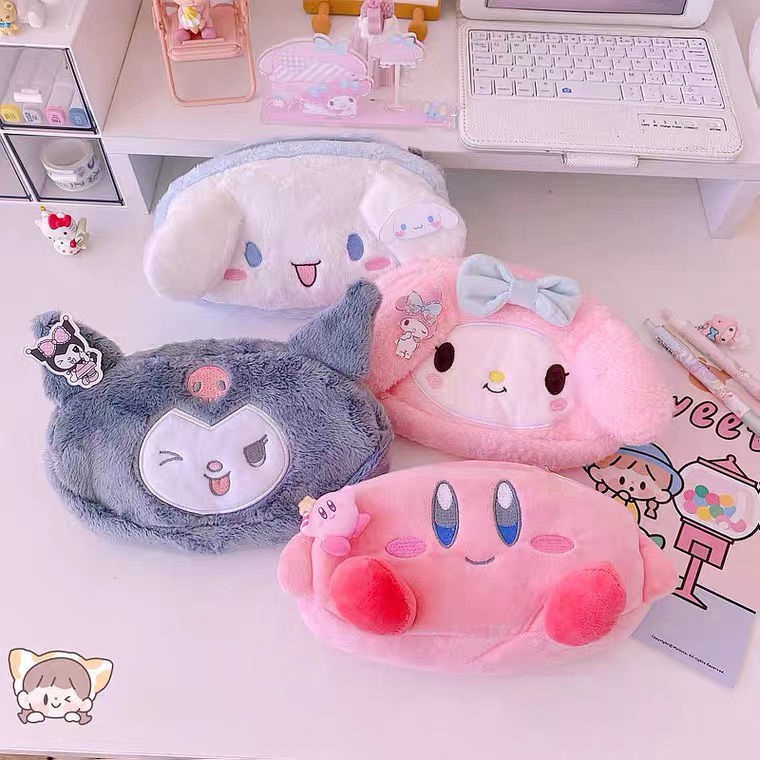 Túi Đựng Bút Chì / Mỹ Phẩm Cỡ Lớn Phối Lông In Hoạt Hình Cinnamoroll My Melody Kuromi Dễ Thương Cho Học Sinh