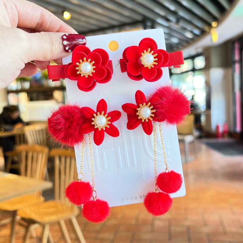 Bộ Hai Cặp Kẹp Tóc Đính Hoa Màu Đỏ Phong Cách Trung Hoa Mừng Năm Mới Cho Bé Gái