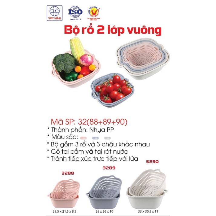 Bộ Rổ Chậu 6 món Loại To 2 Lớp Cao Cấp Tiện Lợi,Rổ Đựng Rau, Hoa Quả, Nhựa PP Siêu Cứng, Siêu- 3288/3289/3290