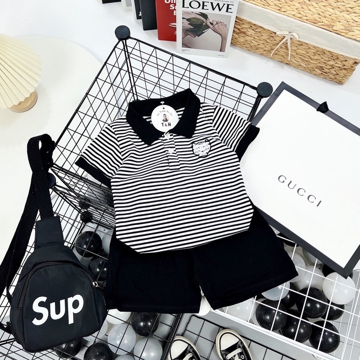 Bộ quần áo bé trai, Set Áo thun Polo kẻ ngang logo hổ và quần đùi trơn, bộ cotton mùa hè cho bé từ 7 - 18 kg, SUN KID'S