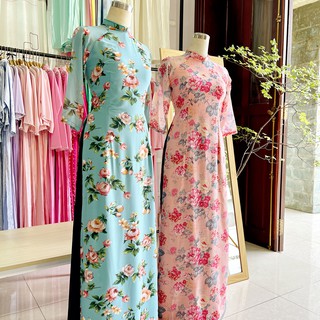 Áo dài 4 tà in hoa vintage retro xinh xắn xanh và hồng