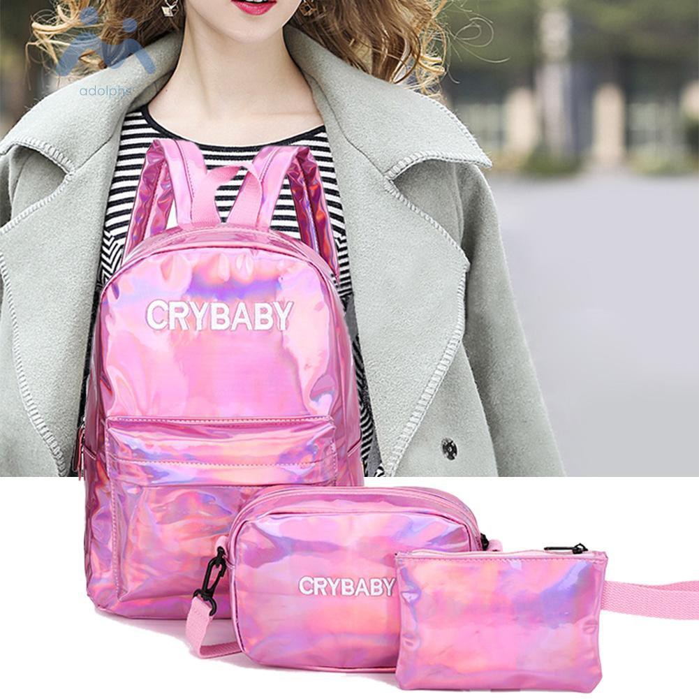 Adp✿Ready Stock✿3pcs/Set Letters Unisex Street Laser Leather Backpacks Student Shoulder Bag