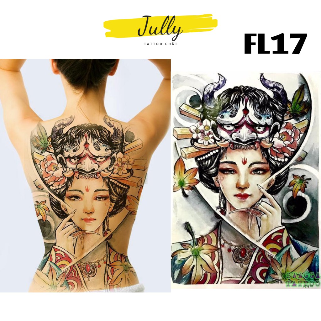 Hình xăm dán kín, full, bít lưng, xăm tạm thời chống nước cô gái nhật Geisha JULLY Tattoo chất cho cả nam và nữ