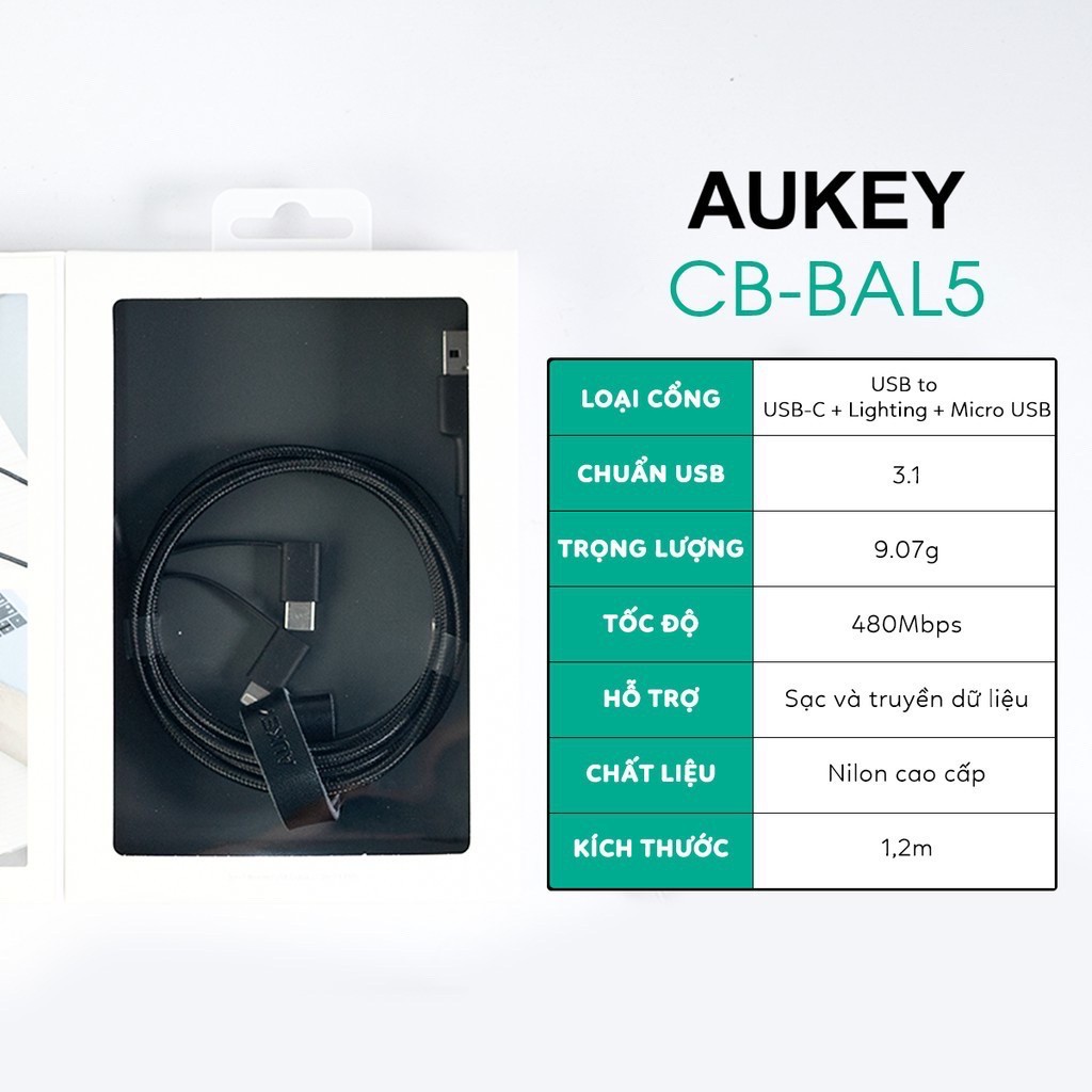 Cáp sạc nhanh bện Nylon đa năng 3 in 1 AUKEY CB-BAL5 chuẩn MFi (cổng Lightning &  USB-C, truyền data 480 Mbps) dài 1.2m