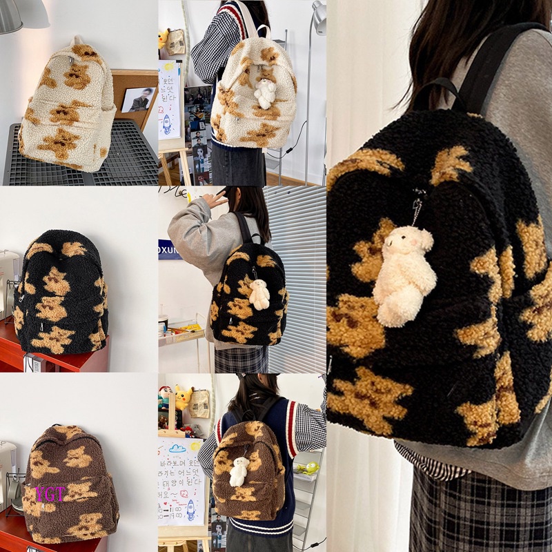 Ygt Ba Lô Đi Học Giả Lông Cừu In Hình Gấu Mochila Mujer Dễ Thương Cho Nữ Sinh Tuổi Teen