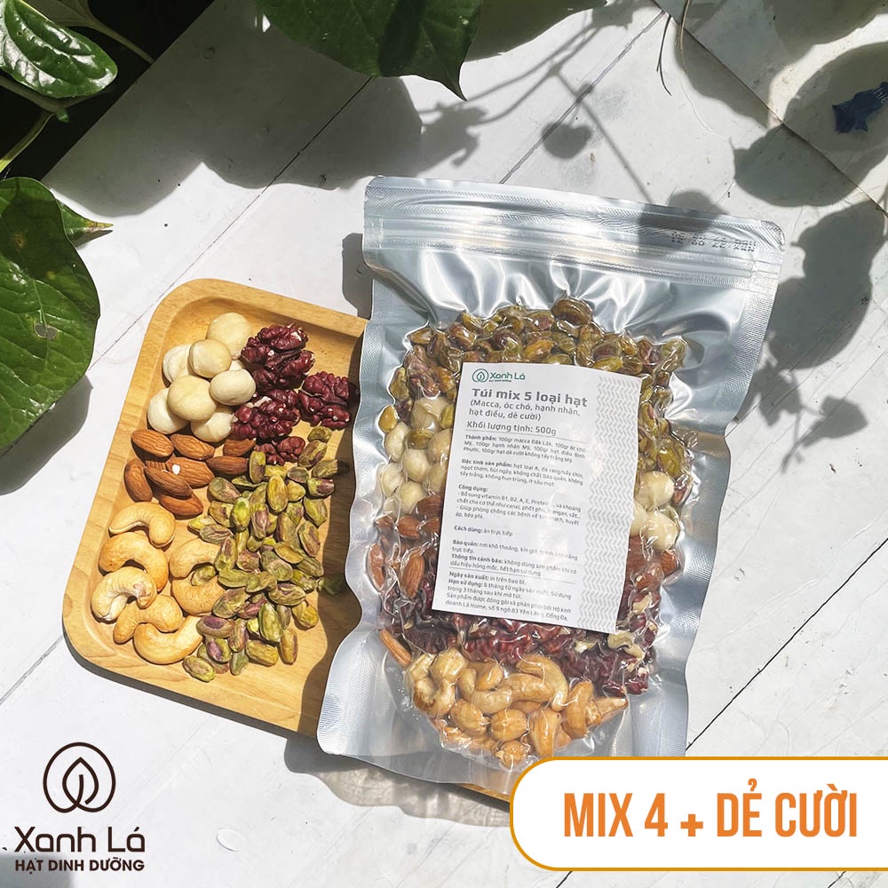 Hạt dinh dưỡng mix 5 loại (macca, hạnh nhân, điều, óc chó, bí xanh/nho khô) Xanh Lá thượng hạng, cam kết chất lượng A