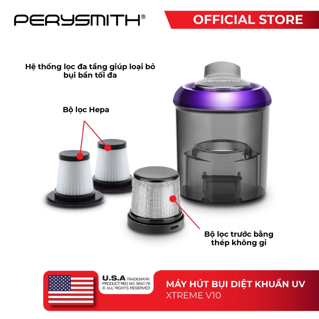 Máy hút bụi giường nệm PerySmith XTREME V10 diệt khuẩn uv công suất 700W