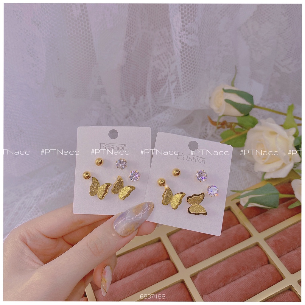 ᴾᵀᴺᵃᶜᶜ Bông tai titan hồ điệp vàng tròn trơn đính soàn