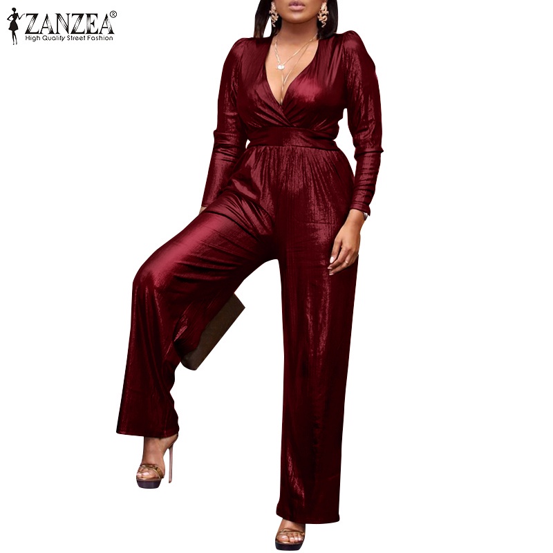 Jumpsuit ZANZEA cổ chữ V dài tay eo cao ống rộng dành cho nữ