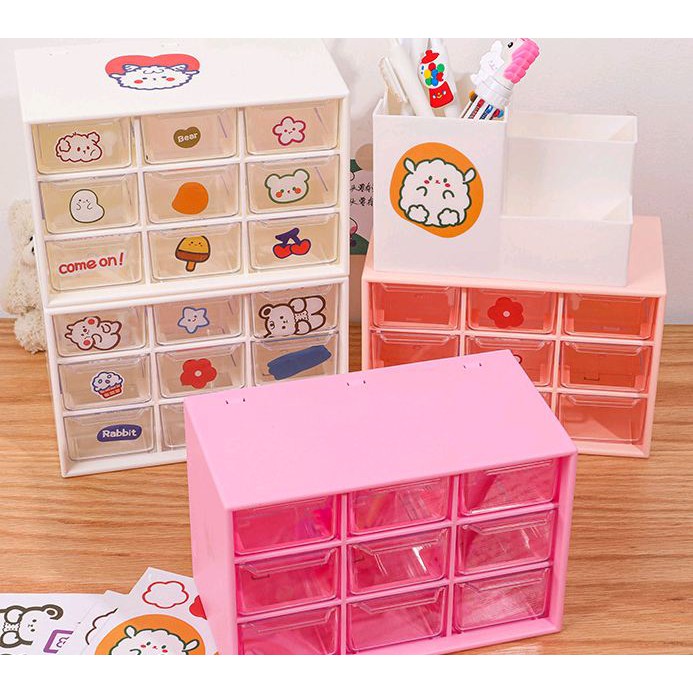 Tủ mini 9 ngăn, hộp 9 ngăn kéo dễ thương chống bụi lưu trữ để bàn đựng trang sức vòng tay mĩ phẩm đồ dùng học tập.