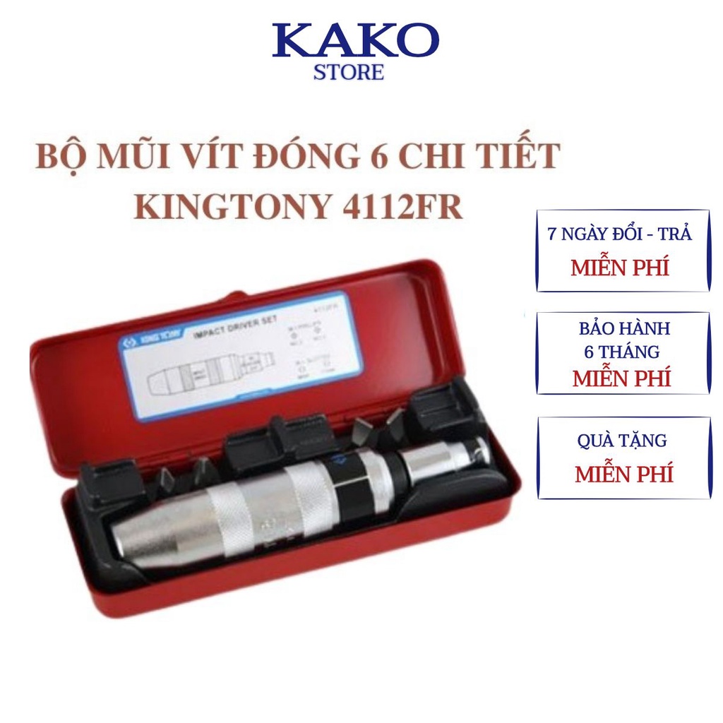 Bộ mũi vít đóng 6 chi tiết Kingtony 4112FR , chất liệu hợp kim siêu bền, mạ crome sáng bóng