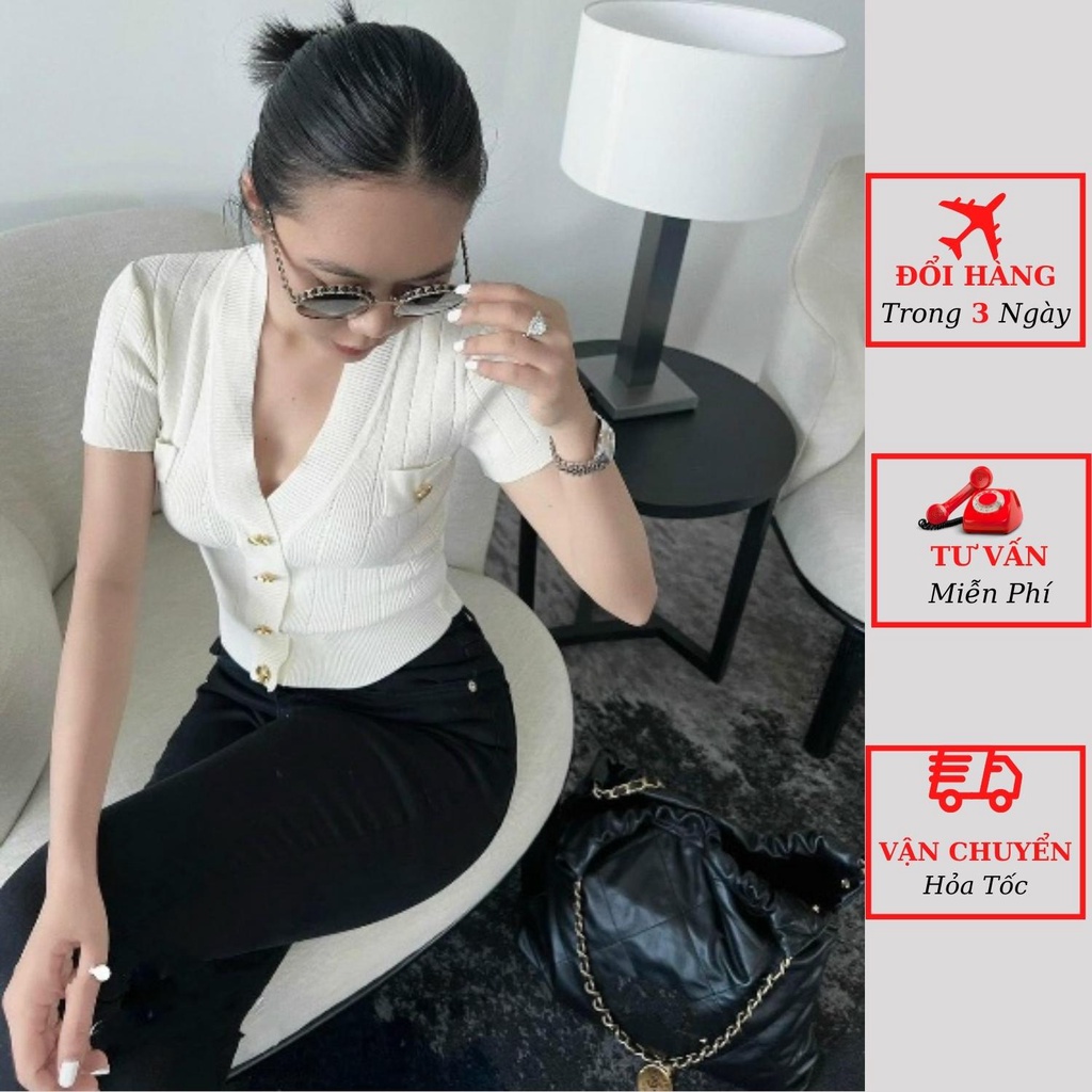 Áo len tăm gân nữ cổ tim cúc ngực chữ B tay ngắn dáng ôm body công sở mùa thu đông ulzzang Hàn Quốc