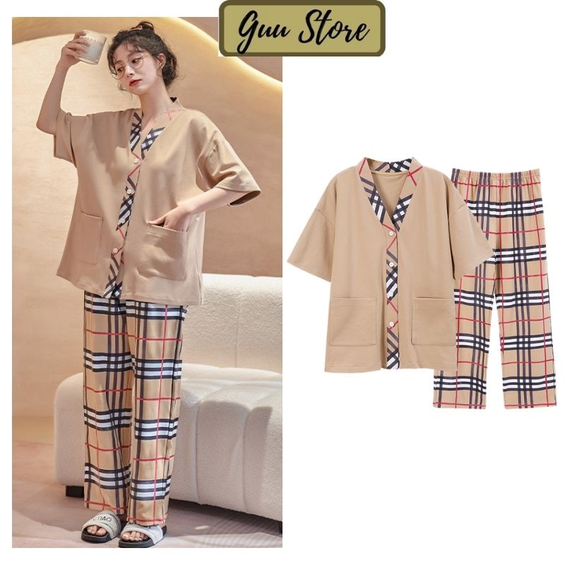 Đồ Bộ Mặc Nhà Quần Dài - Bộ Ngủ Mặc Nhà Quần Dài Áo Cộc Form Rộng Dễ Thương Guu DN25