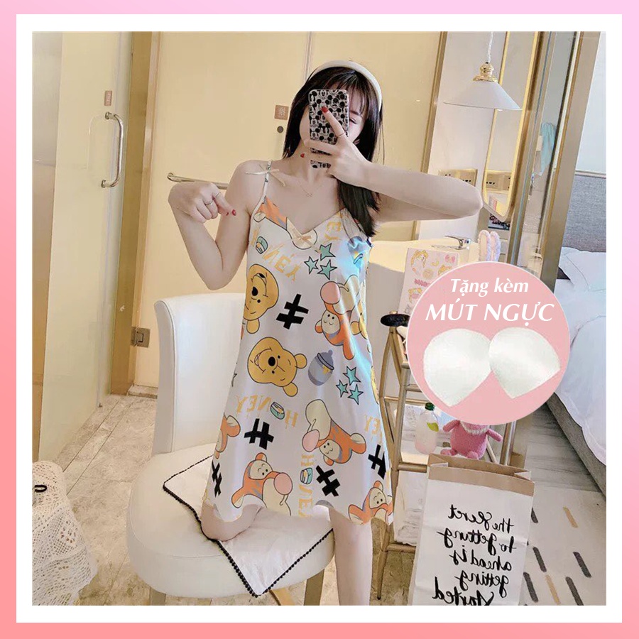 Váy ngủ hai dây đầm ngủ nữ sexy dễ thương bigsize chất lụa mềm mịn có đệm ngực đuôi xếp li kèm bịt mắt VN06