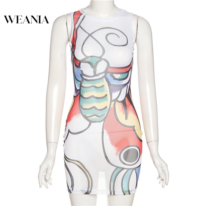 Đầm mini WEANIA ôm dáng phối lưới in họa tiết quyến rũ cho nữ