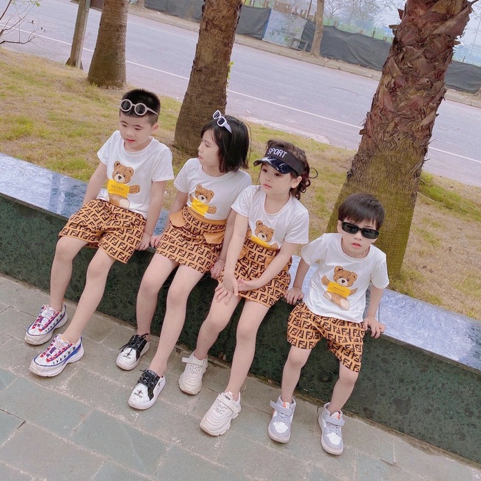 Bộ quần áo bé trai, Set áo phông ngắn tay hình gấu và quần đùi short chữ F du lịch mùa hè cho bé 7 - 18 kg, SUN KID'S
