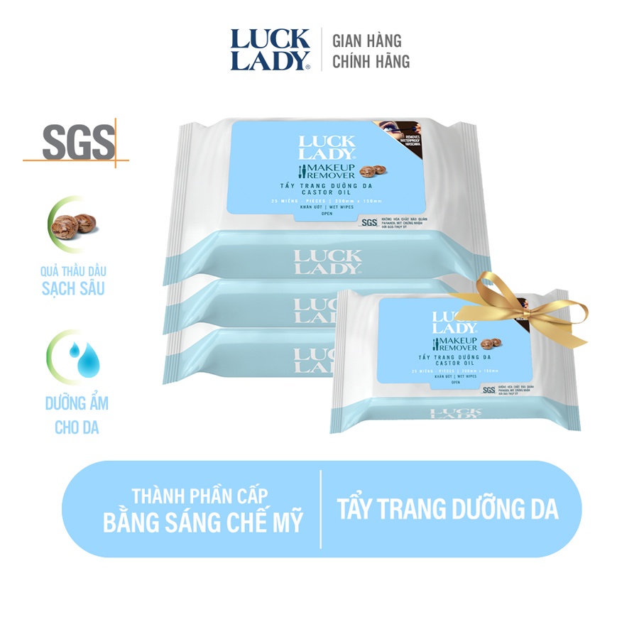 [MUA 3 TẶNG 1 CÙNG LOẠI] Mua 3 Khăn ướt Luck Lady tẩy trang dưỡng da Castor Oil 25 tờ tặng kèm 1 gói cùng loại