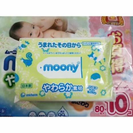 (Date T9/2023) Combo 10 Bịch Giấy Ướt Moony Nội Địa Nhật Bản 80 Tờ