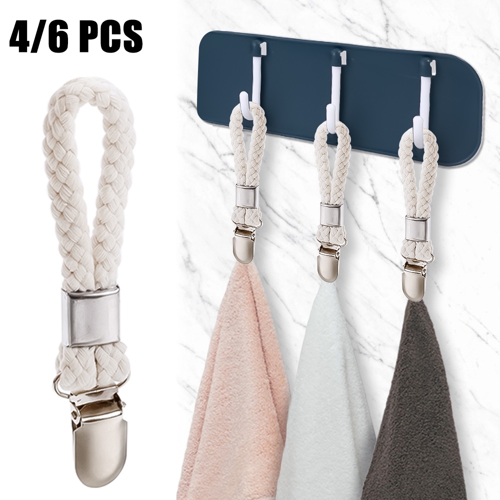 Set 4/6 Móc Treo Khăn Bằng Dây Cotton Bện Màu Trắng Có Kẹp Kim Loại Đa Năng
