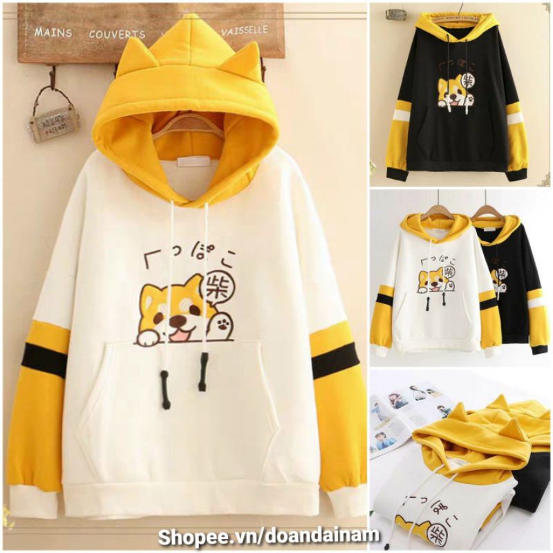 Áo khoác nam nữ, áo hoodie cún Shiba chất nỉ bông cao cấp form unisex nam nữ freesize dưới 55kg màu trắng đen