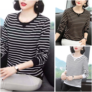 Áo thun tay dài cổ tròn họa tiết kẻ sọc thời trang cho phụ nữ trung niên