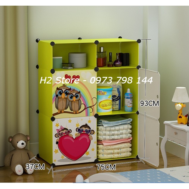 TỦ NHỰA LẮP GHÉP ĐỂ ĐỒ ĐA NĂNG THÔNG MINH 4 Ô + 2 Ô NHỎ CỬA NHÍM KUTE SIZE 37CM