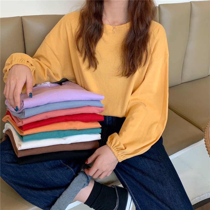 Áo thun dài tay nữ trơn cổ tròn chất cotton, Áo thun nữ form rộng cao cấp phong cách ulzzang Hàn Quốc C73 - Maoshop