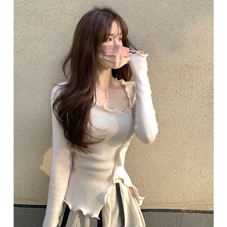 Áo Thun Dệt Kim Tay Dài Màu Sắc Trơn Phong Cách Hàn Quốc