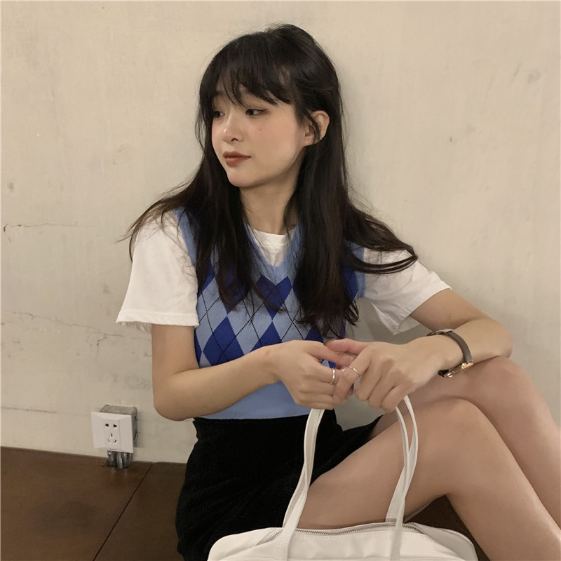 Áo Tank Top Dệt Kim Cổ Chữ V Họa Tiết Ca Rô Thời Trang Dành Cho Nữ
