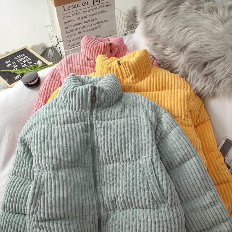 Áo khoác phao nhung tăm dáng ngắn